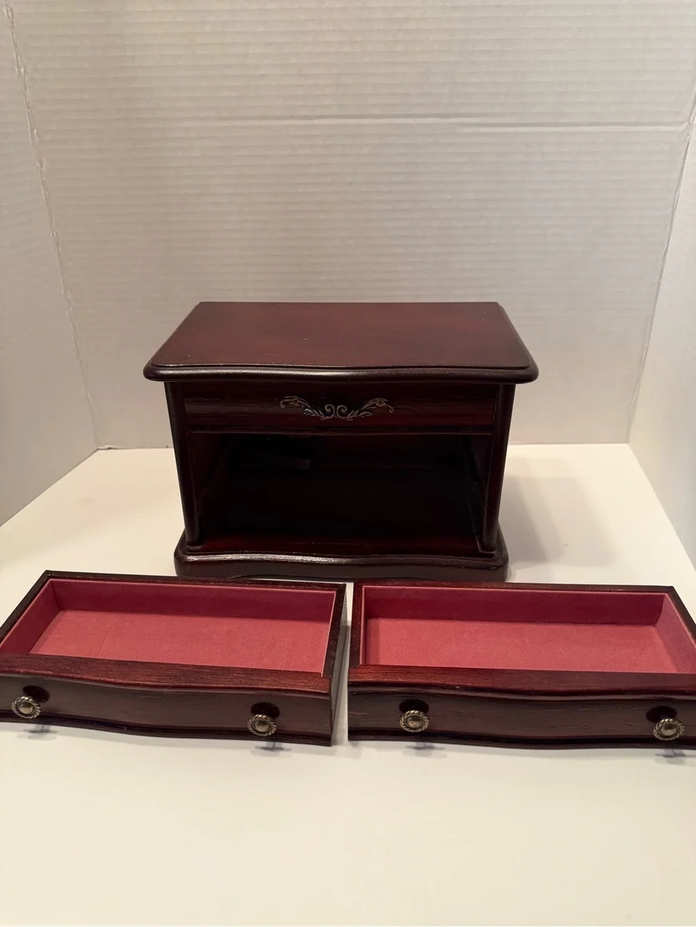 Vintage Styled by Mele Wooden Musical Jewelry Box Velvet Lining Cherry Finish